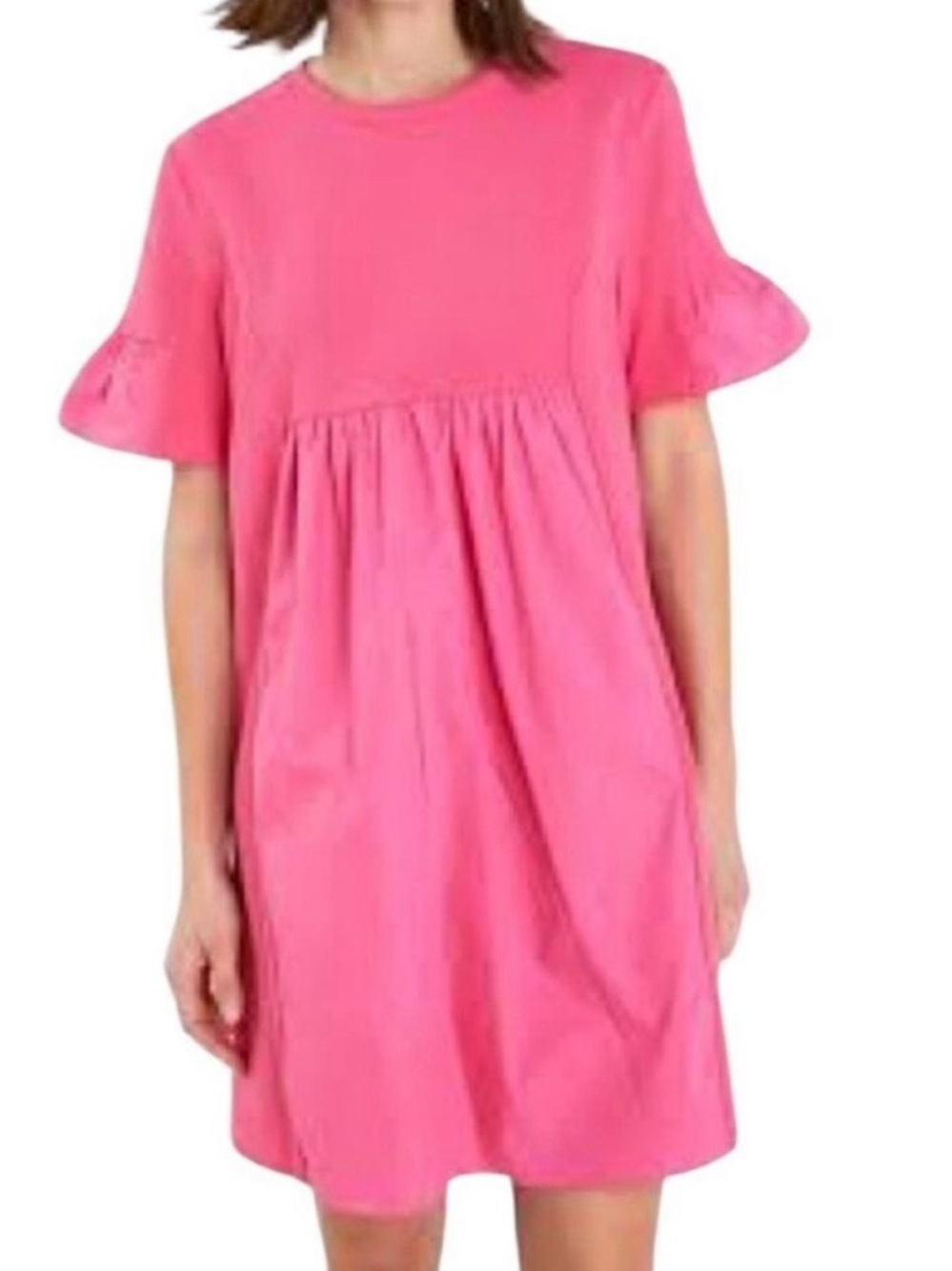 English Factory Pink Shift Dress Bell Ruffle Sleeve Medium Bubblegum